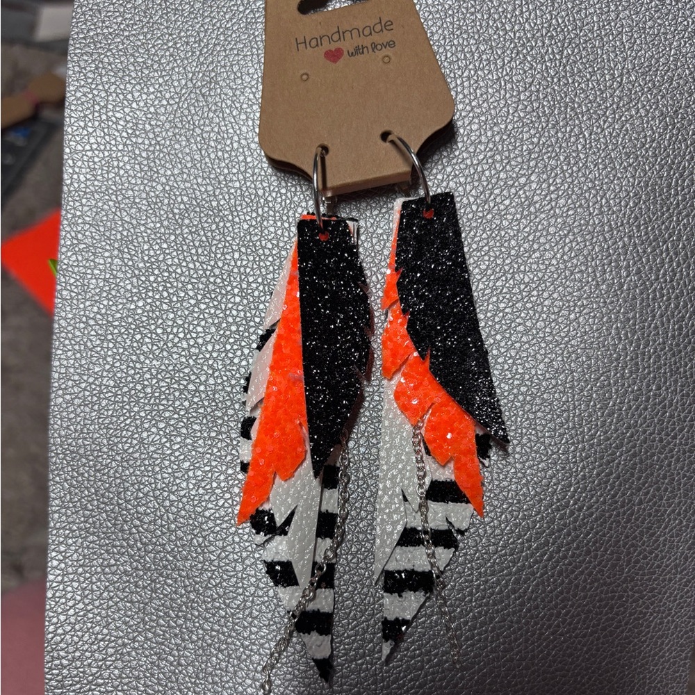 Handmade Black and Orange Feather Earrings